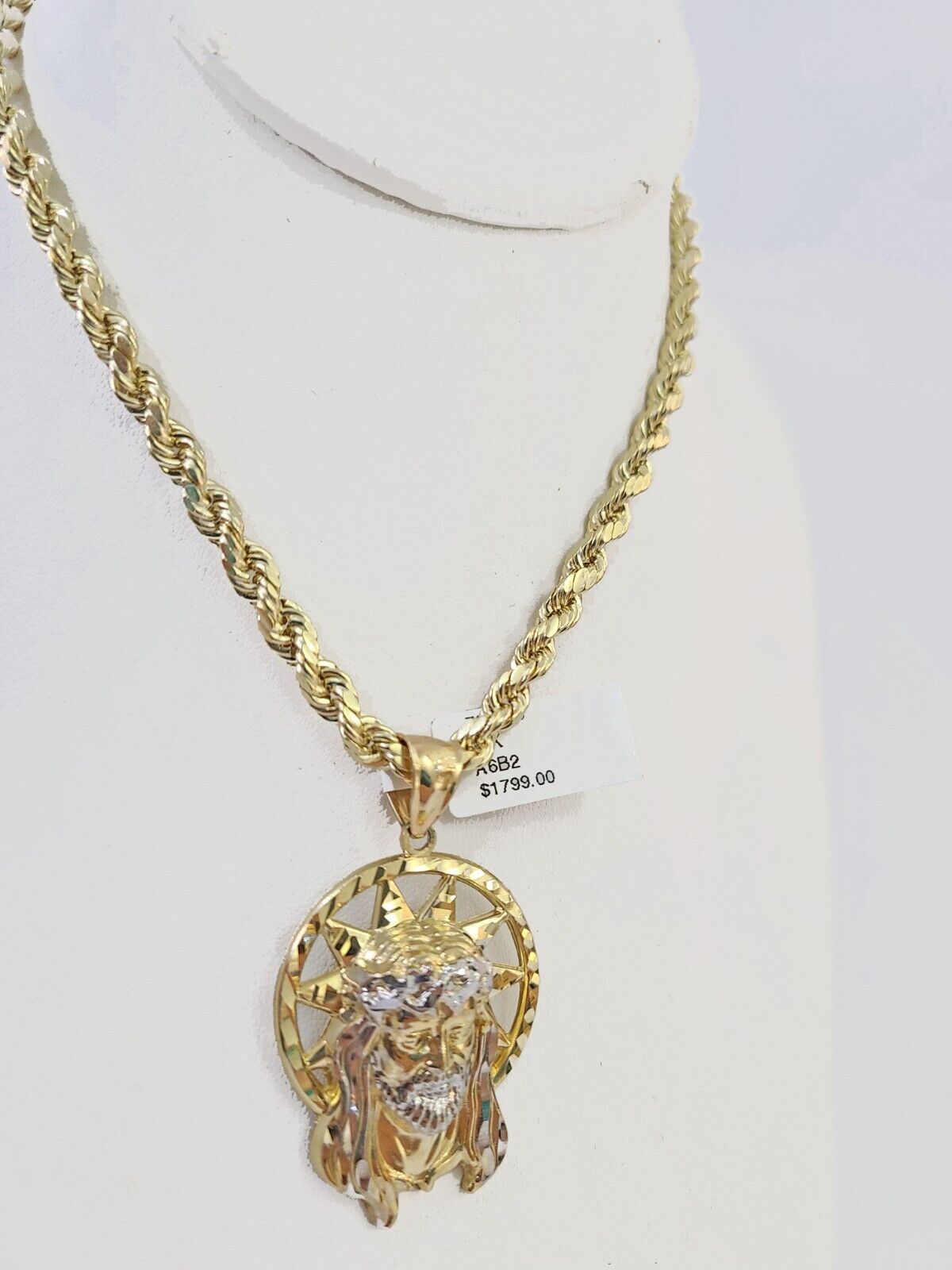 10k Gold Rope Chain & Jesus Head Charm SET 5mm 22 Inches Necklace - Reva Jeweler