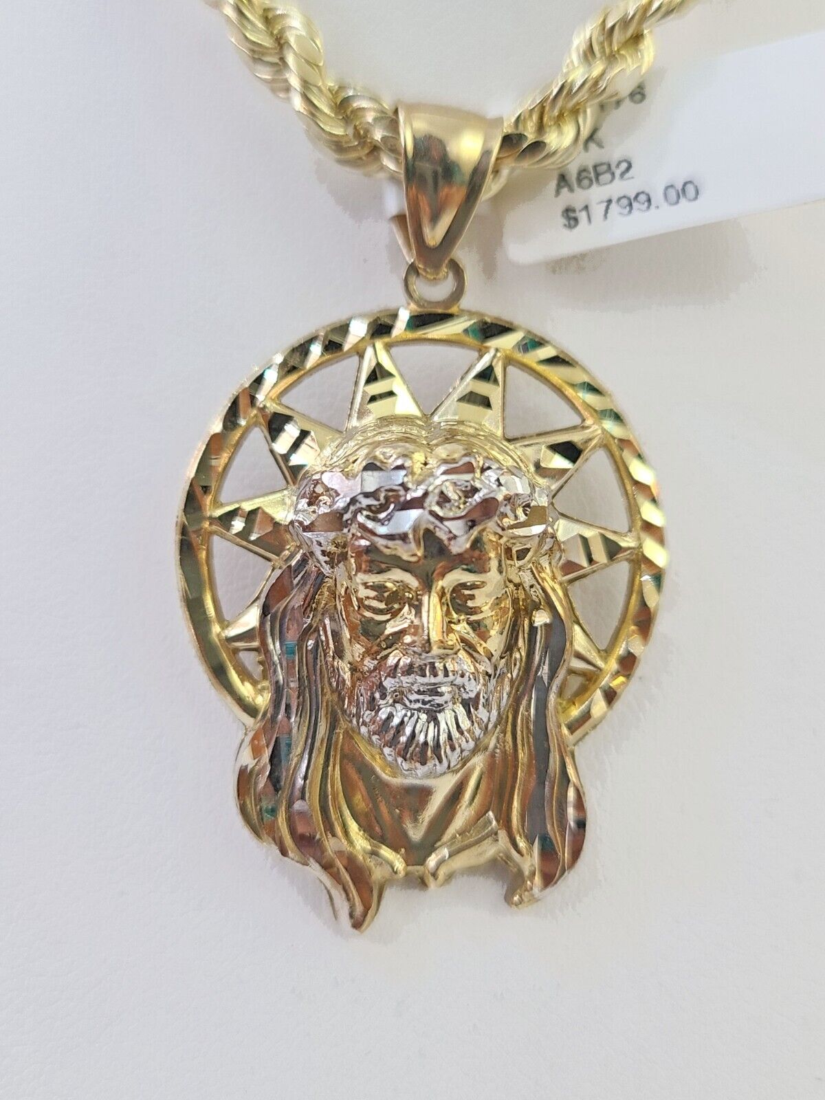 10k Gold Rope Chain & Jesus Head Charm SET 5mm 22 Inches Necklace - Reva Jeweler