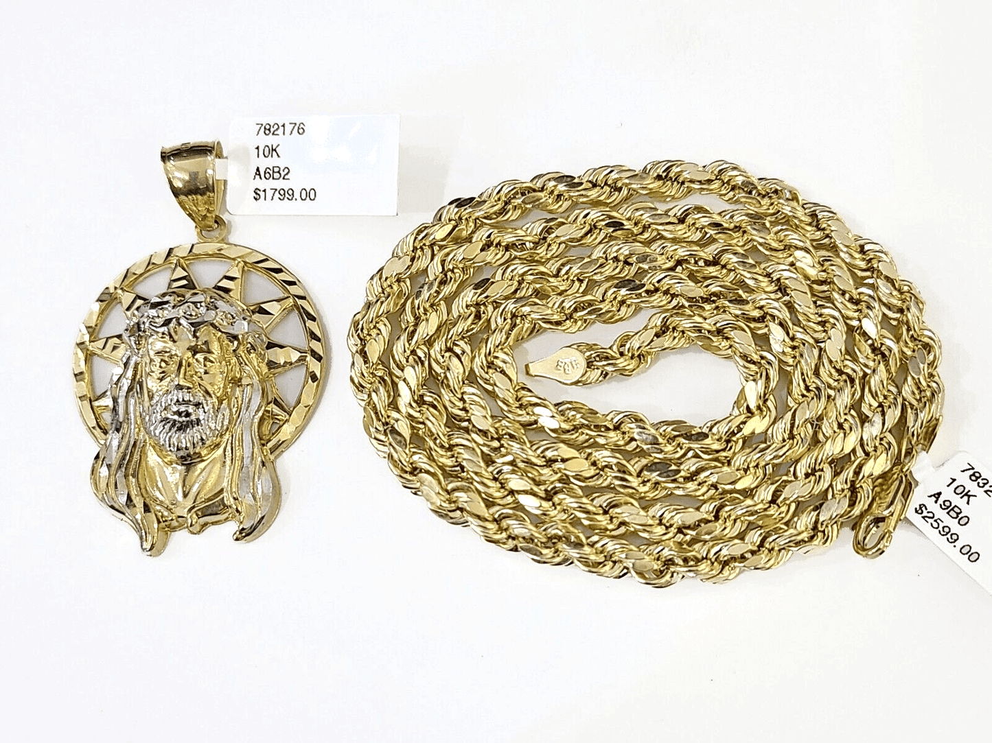 10k Gold Rope Chain & Jesus Head Charm SET 5mm 22 Inches Necklace - Reva Jeweler