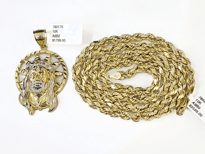 10k Gold Rope Chain & Jesus Head Charm SET 5mm 22 Inches Necklace - Reva Jeweler