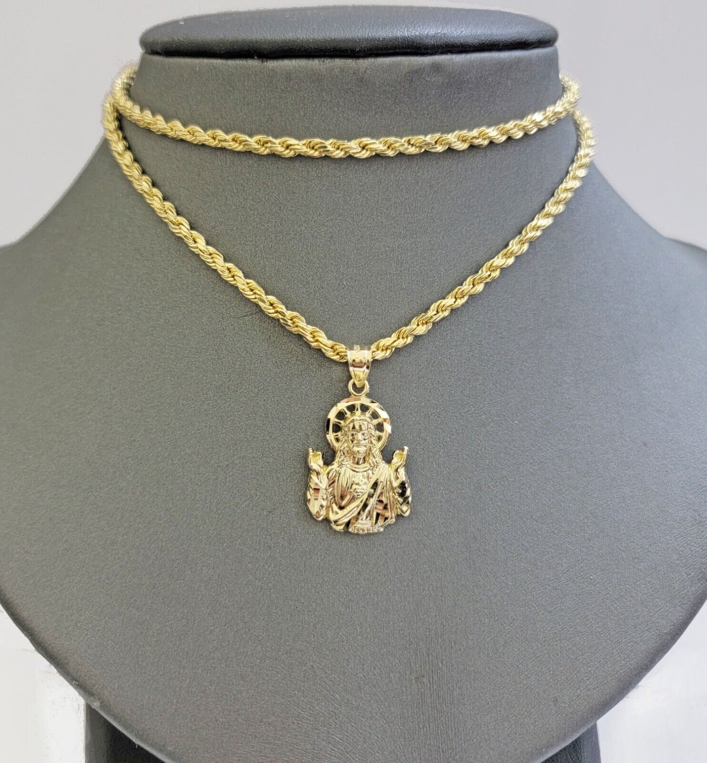 10k Gold Rope Chain Jesus Head pendant Set 3mm 24 Inch Necklace & Charm REAL 10k - Reva Jeweler