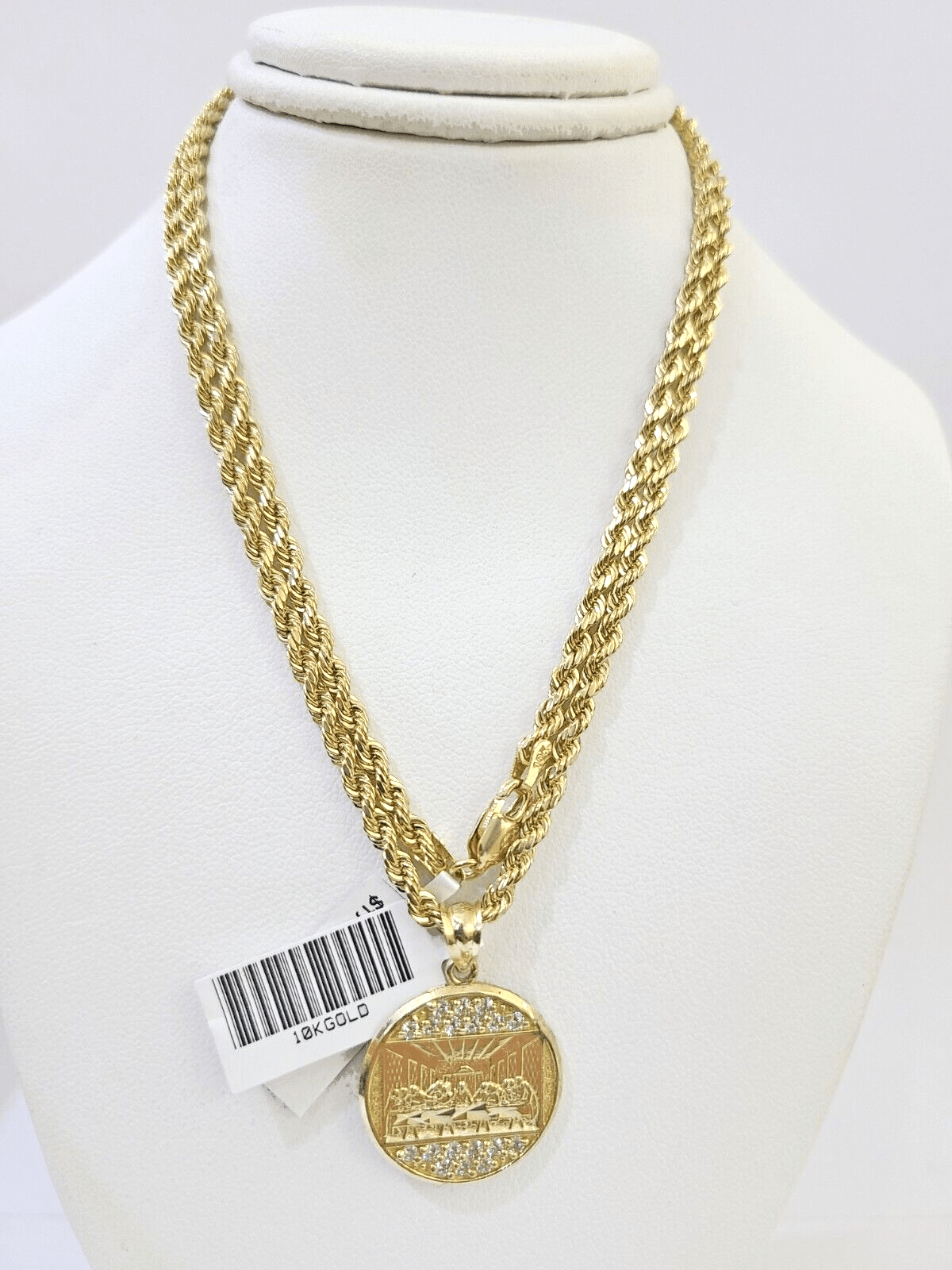 10k Gold Rope Chain & Last Supper Charm Pendent SET 3mm 22 Inches Necklace - Reva Jeweler