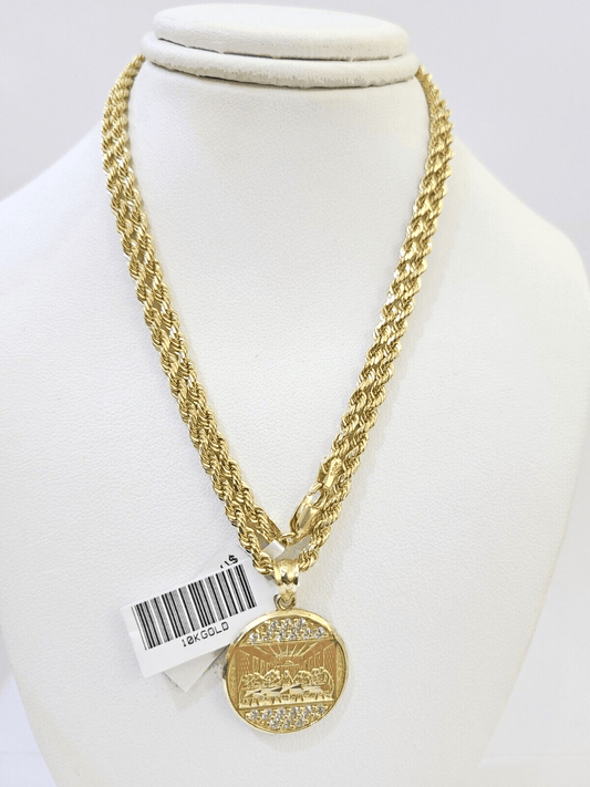 10k Gold Rope Chain & Last Supper Charm Pendent SET 3mm 22 Inches Necklace - Reva Jeweler
