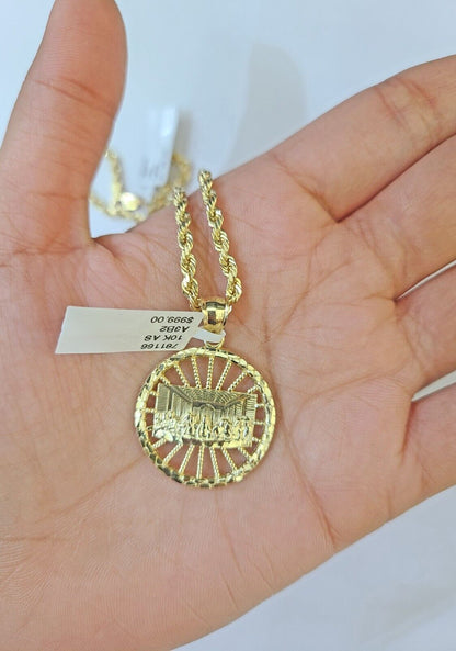 10k Gold Rope Chain & Last Supper Charm Pendent SET 3mm 22 Inches Necklace - Reva Jeweler