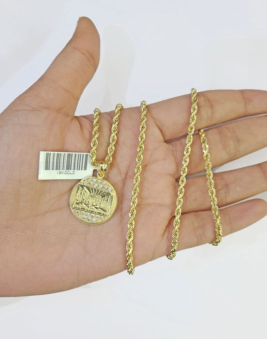 10k Gold Rope Chain & Last Supper Charm Pendent SET 3mm 22 Inches Necklace - Reva Jeweler