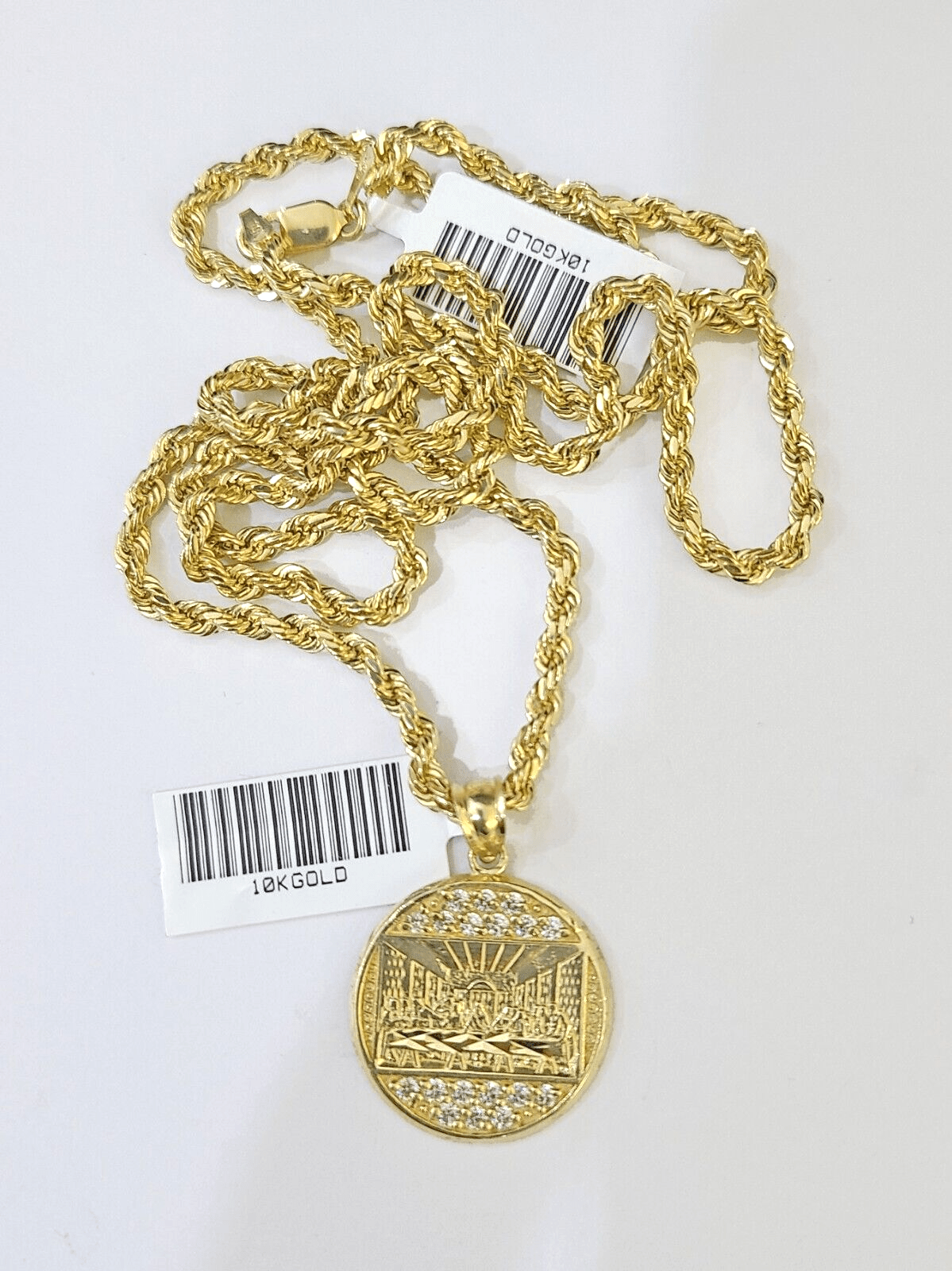 10k Gold Rope Chain & Last Supper Charm Pendent SET 3mm 22 Inches Necklace - Reva Jeweler
