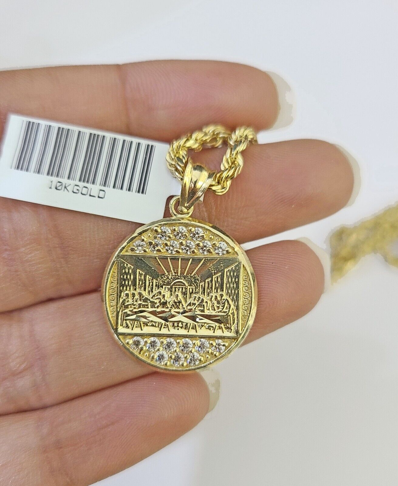 10k Gold Rope Chain & Last Supper Charm Pendent SET 3mm 22 Inches Necklace - Reva Jeweler