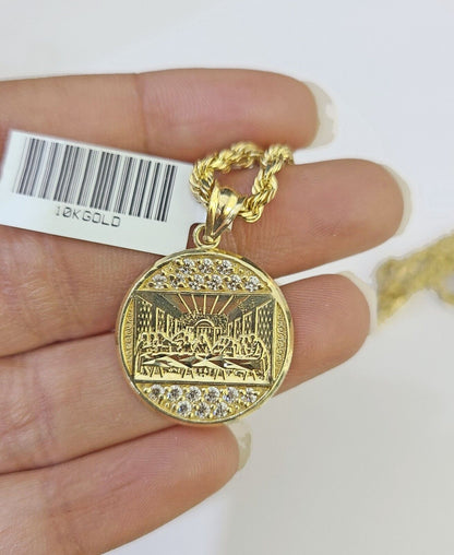 10k Gold Rope Chain & Last Supper Charm Pendent SET 3mm 22 Inches Necklace - Reva Jeweler