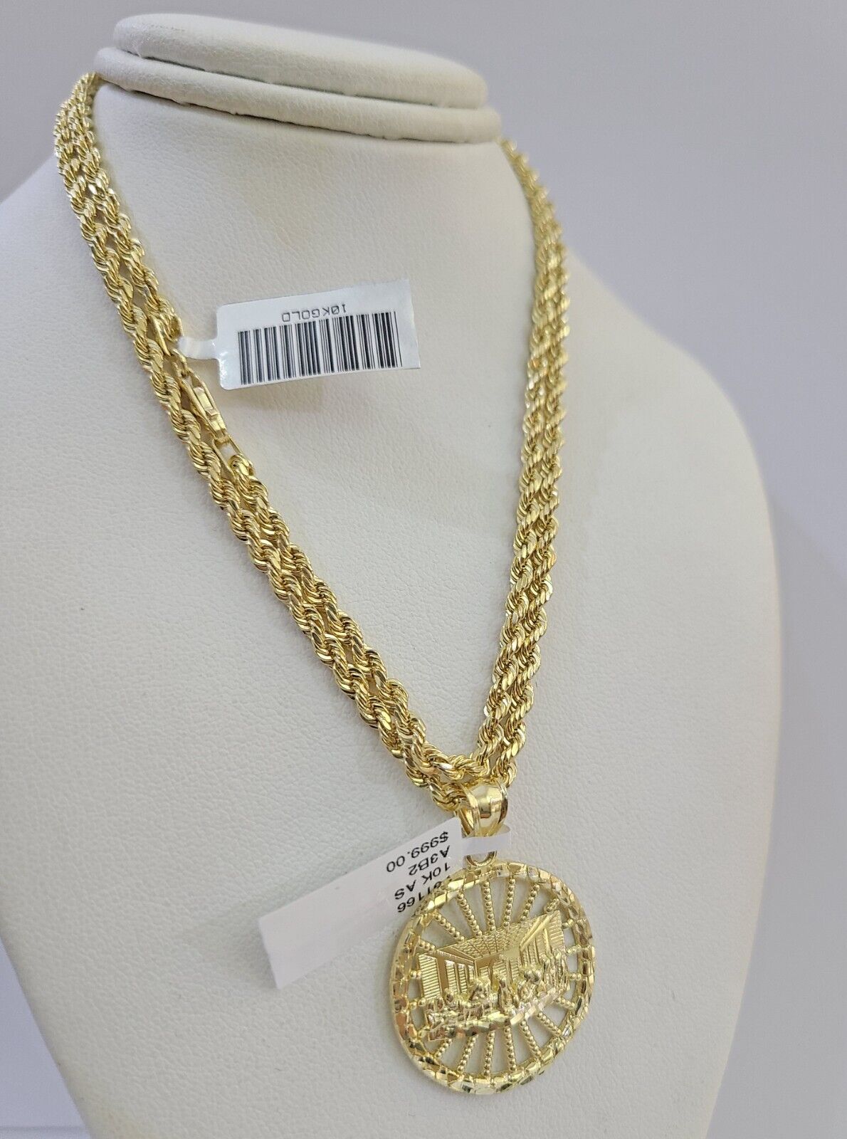 10k Gold Rope Chain & Last Supper Charm Pendent SET 3mm 22 Inches Necklace - Reva Jeweler