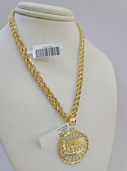 10k Gold Rope Chain & Last Supper Charm Pendent SET 3mm 22 Inches Necklace - Reva Jeweler
