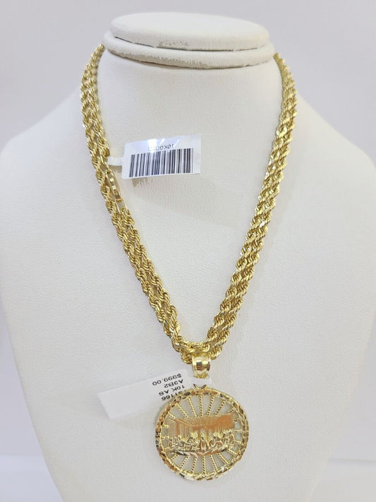 10k Gold Rope Chain & Last Supper Charm Pendent SET 3mm 22 Inches Necklace - Reva Jeweler