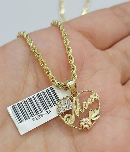 10k Gold Rope Chain Mom Heart Charm Pendant Set 16 - 28'' Inch 2.5mm Necklace REAL - Reva Jeweler