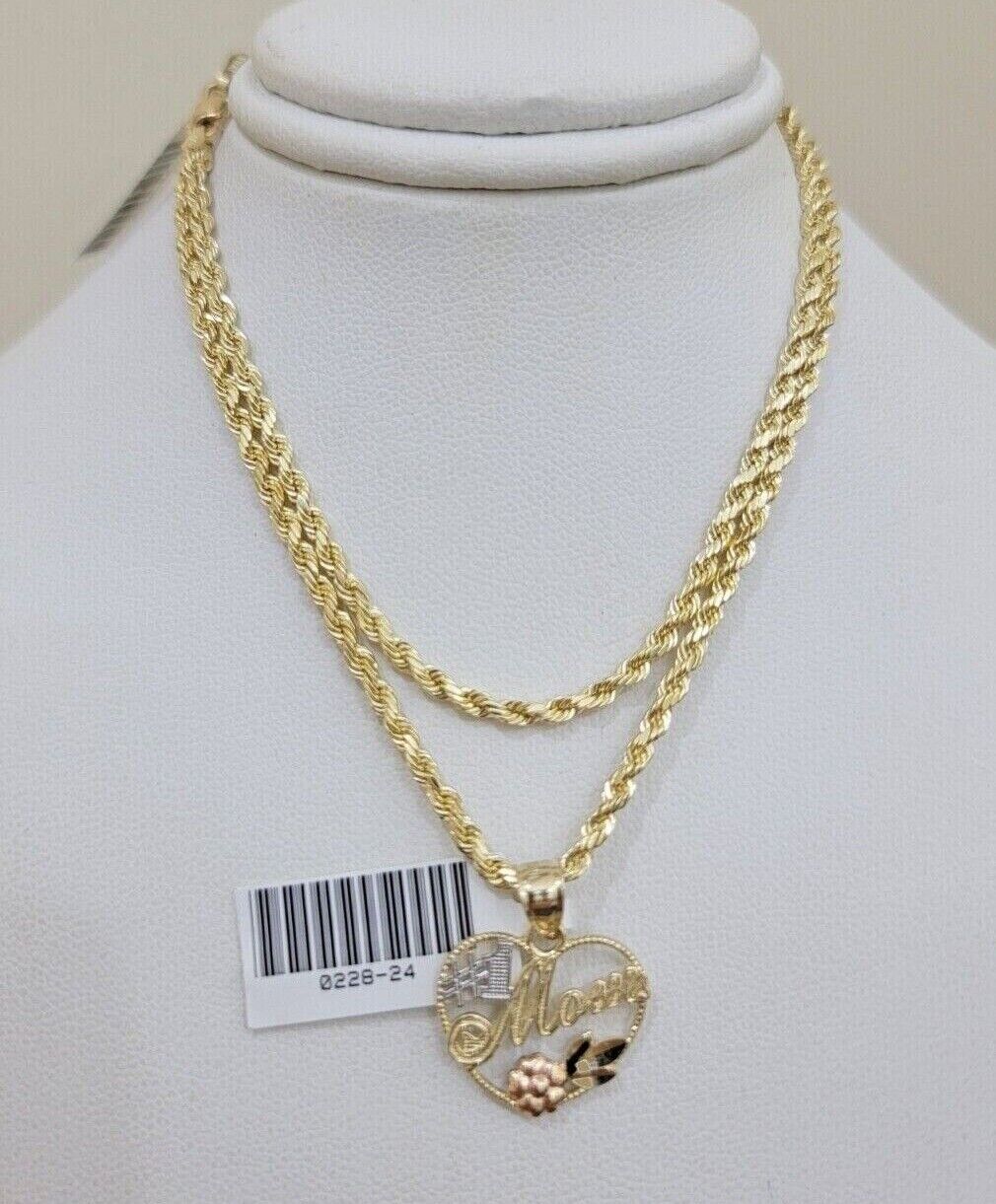 10k Gold Rope Chain Mom Heart Charm Pendant Set 16 - 28'' Inch 2.5mm Necklace REAL - Reva Jeweler