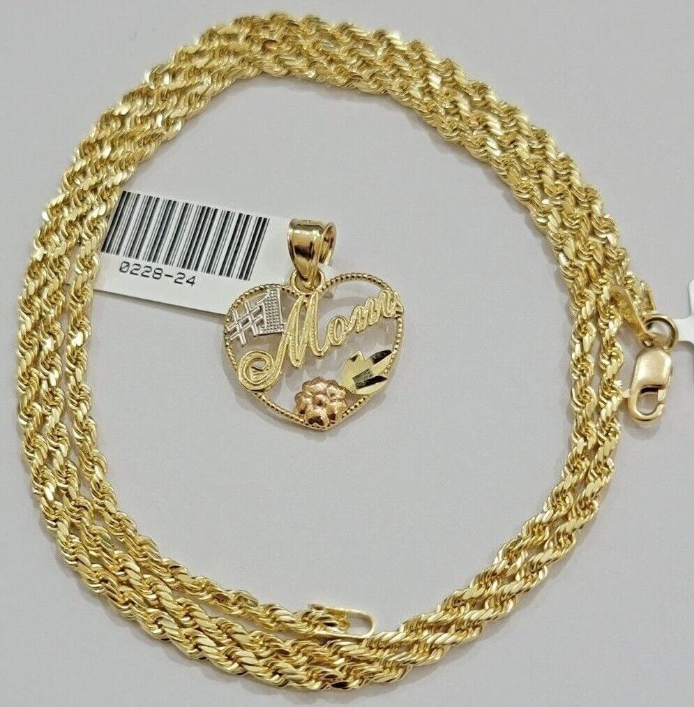 10k Gold Rope Chain Mom Heart Charm Pendant Set 16 - 28'' Inch 2.5mm Necklace REAL - Reva Jeweler