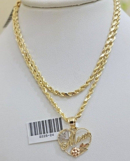 10k Gold Rope Chain Mom Heart Charm Pendant Set 16 - 28'' Inch 2.5mm Necklace REAL - Reva Jeweler