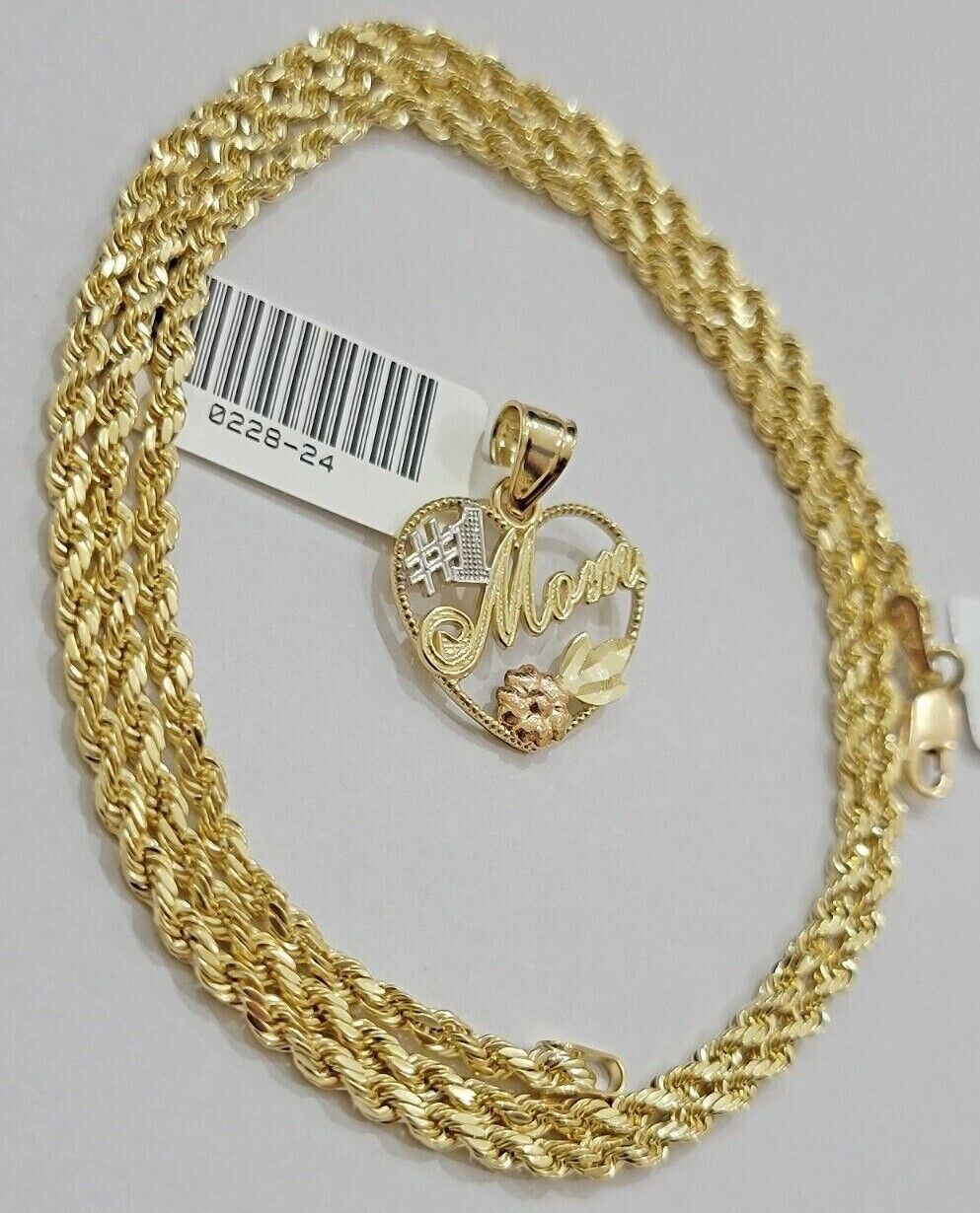 10k Gold Rope Chain Mom Heart Charm Pendant Set 16 - 28'' Inch 2.5mm Necklace REAL - Reva Jeweler