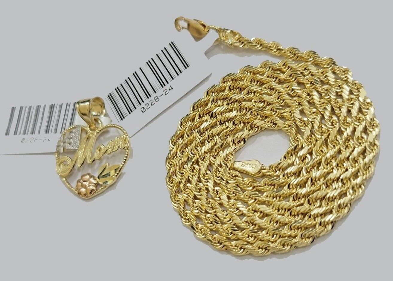 10k Gold Rope Chain Mom Heart Charm Pendant Set 16 - 28'' Inch 2.5mm Necklace REAL - Reva Jeweler