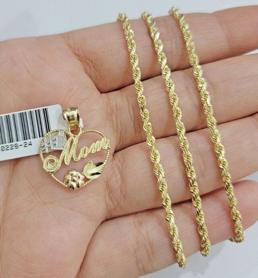 10k Gold Rope Chain Mom Heart Charm Pendant Set 16 - 28'' Inch 2.5mm Necklace REAL - Reva Jeweler