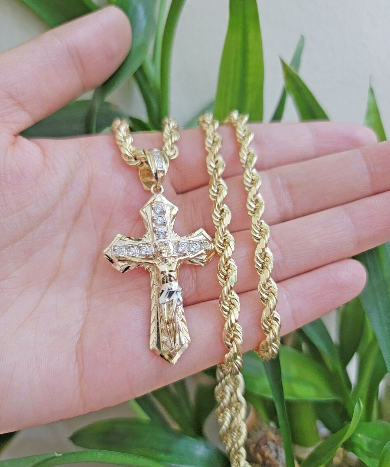 10k Gold Rope Chain Necklace Cross Charm Jesus Pendant Set 18 - 28" 5mm, REAL 10KT - Reva Jeweler