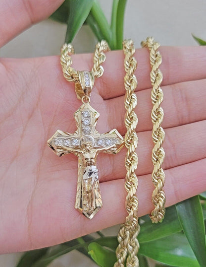10k Gold Rope Chain Necklace Cross Charm Jesus Pendant Set 18 - 28" 5mm, REAL 10KT - Reva Jeweler