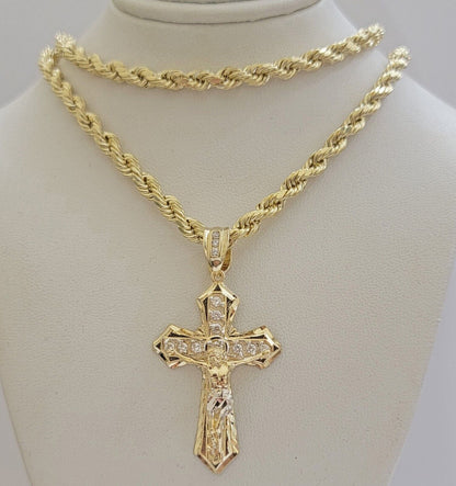 10k Gold Rope Chain Necklace Cross Charm Jesus Pendant Set 18 - 28" 5mm, REAL 10KT - Reva Jeweler