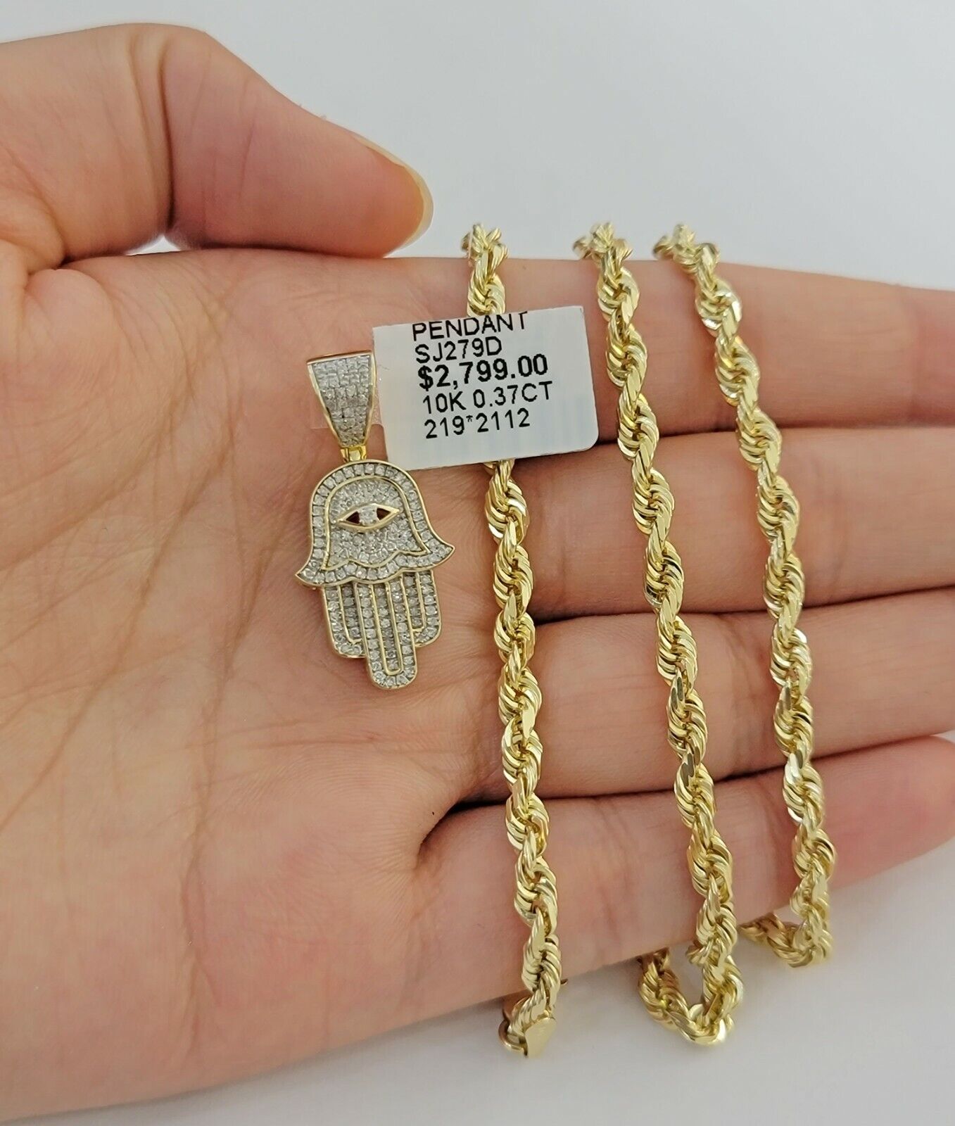 10k Gold Rope Chain necklace Hamsa Diamond Pendant Hamza Charm Necklace REAL - Reva Jeweler