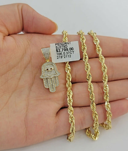 10k Gold Rope Chain necklace Hamsa Diamond Pendant Hamza Charm Necklace REAL - Reva Jeweler