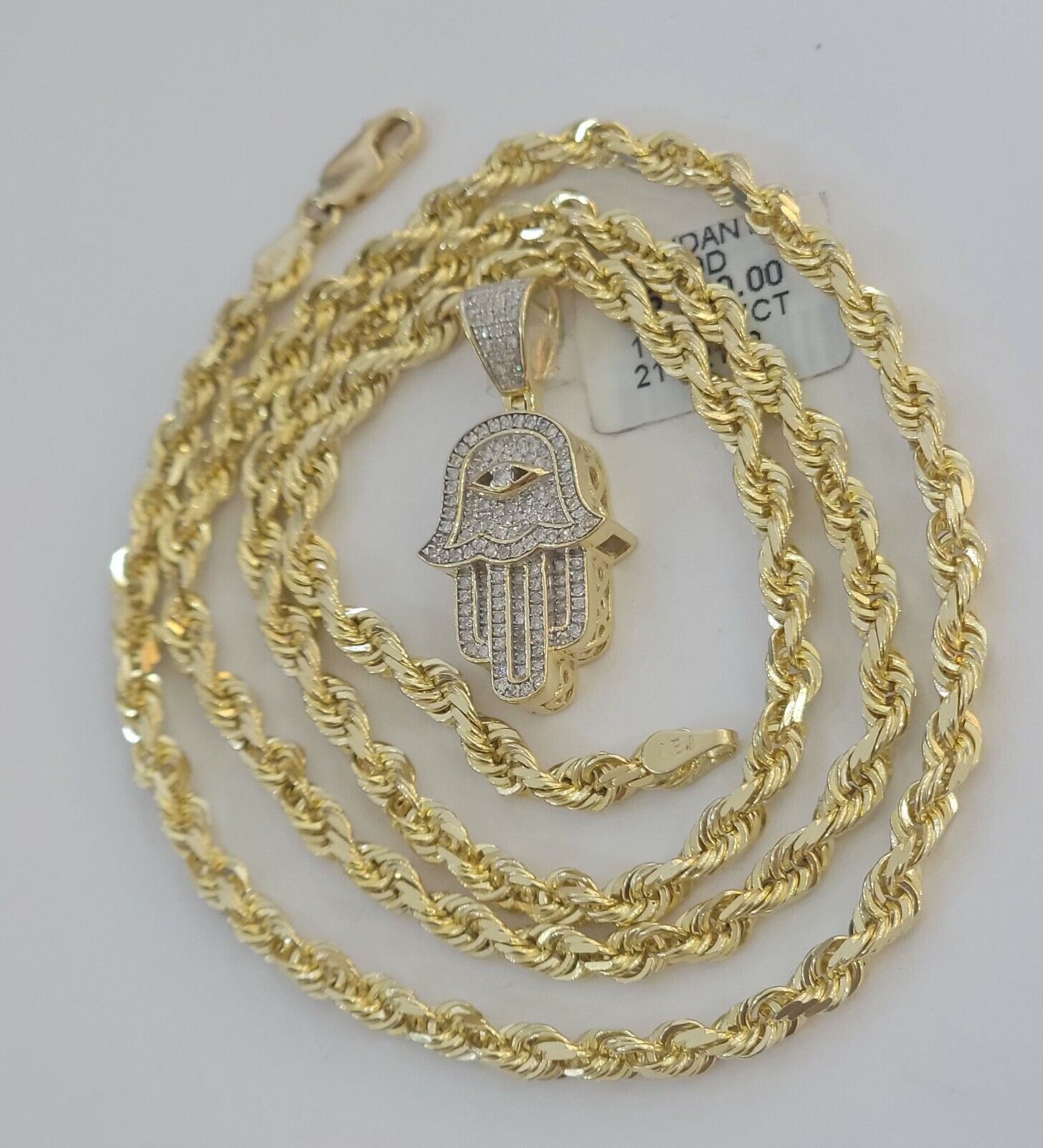 10k Gold Rope Chain necklace Hamsa Diamond Pendant Hamza Charm Necklace REAL - Reva Jeweler