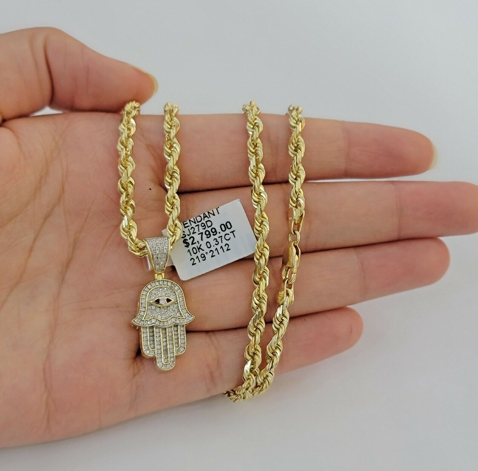 10k Gold Rope Chain necklace Hamsa Diamond Pendant Hamza Charm Necklace REAL - Reva Jeweler