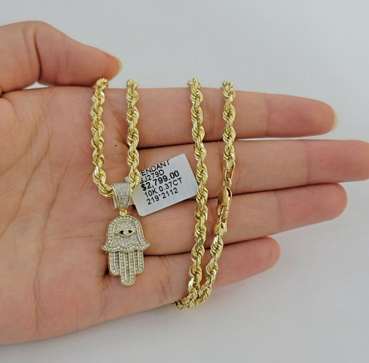 10k Gold Rope Chain necklace Hamsa Diamond Pendant Hamza Charm Necklace REAL - Reva Jeweler