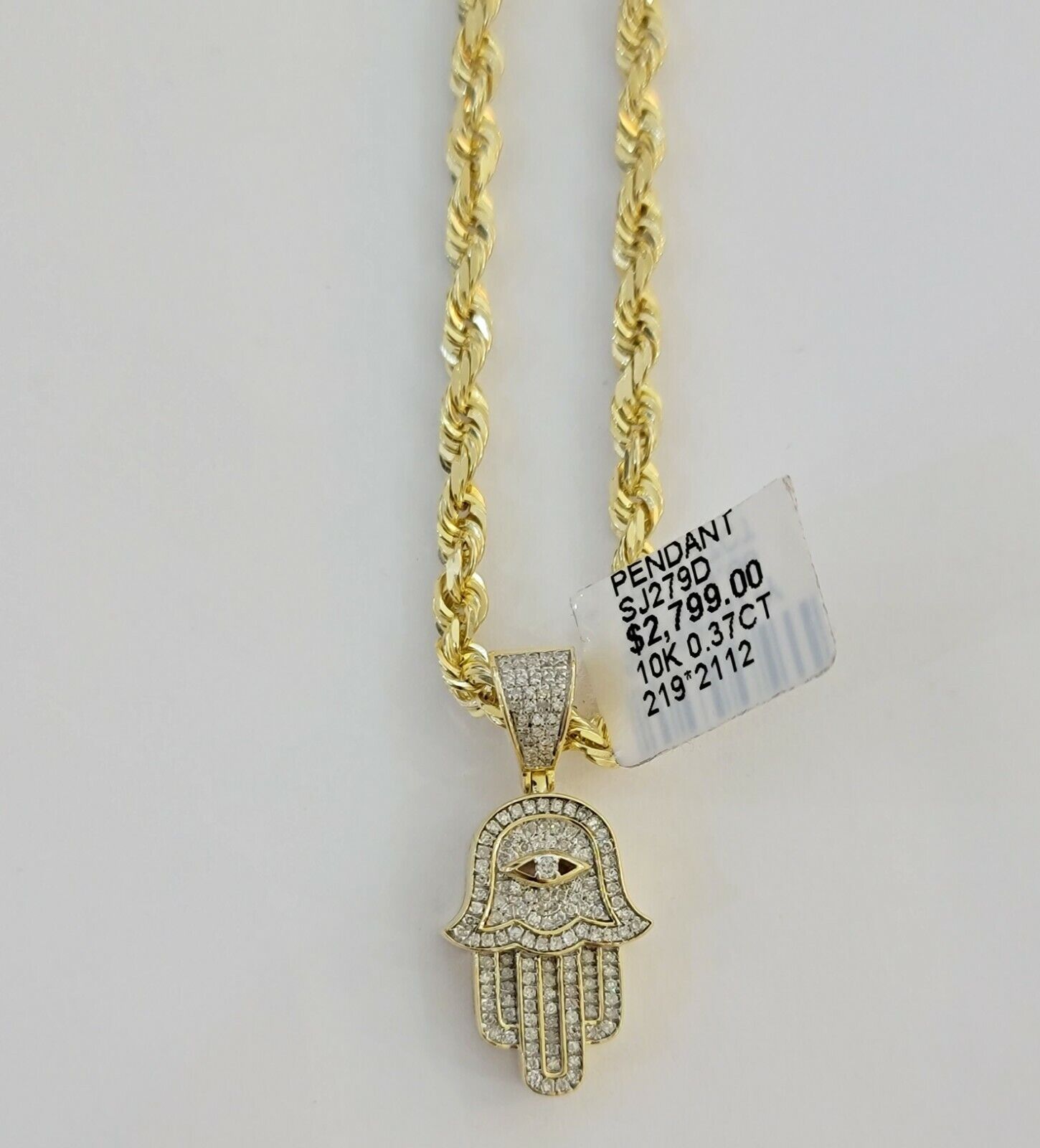 10k Gold Rope Chain necklace Hamsa Diamond Pendant Hamza Charm Necklace REAL - Reva Jeweler