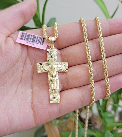 10k Gold Rope Chain Nugget Cross Charm Pendant Set 18 - 28 inch 3mm Necklace, REAL - Reva Jeweler