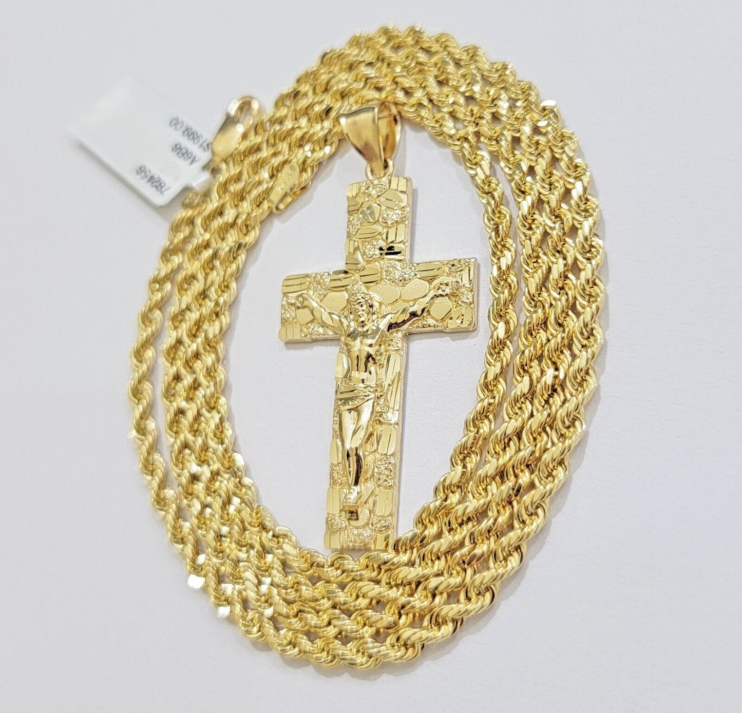 10k Gold Rope Chain Nugget Cross Charm Pendant Set 18 - 28 inch 3mm Necklace, REAL - Reva Jeweler
