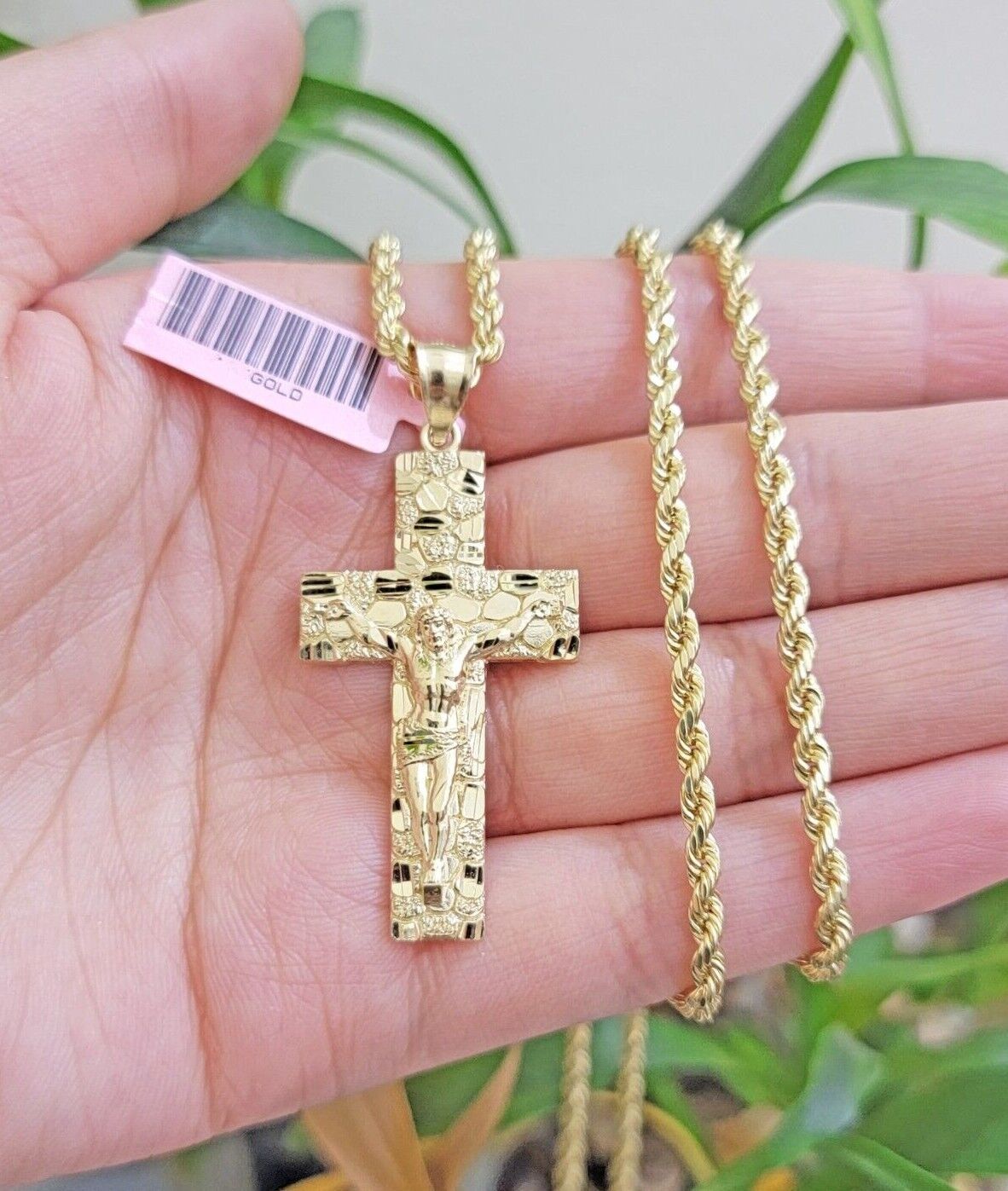 10k Gold Rope Chain Nugget Cross Charm Pendant Set 18 - 28 inch 3mm Necklace, REAL - Reva Jeweler