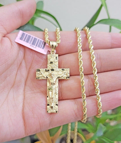 10k Gold Rope Chain Nugget Cross Charm Pendant Set 18 - 28 inch 3mm Necklace, REAL - Reva Jeweler