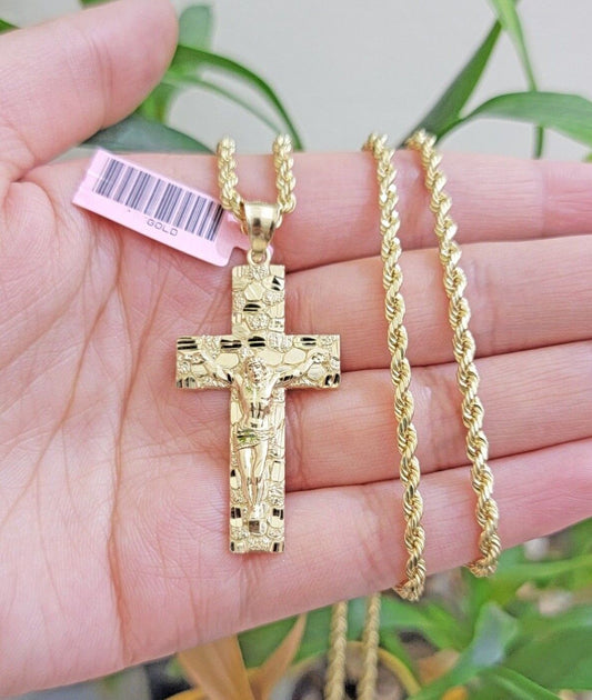 10k Gold Rope Chain Nugget Cross Charm Pendant Set 18 - 28 inch 3mm Necklace, REAL - Reva Jeweler