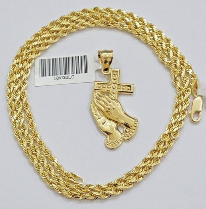 10k Gold Rope Chain Praying Hand Charm Pendant Set 18 - 28''Inch 3mm Necklace REAL - Reva Jeweler