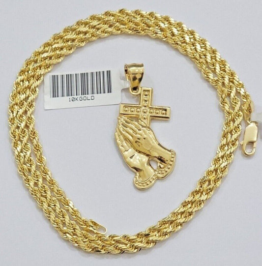 10k Gold Rope Chain Praying Hand Charm Pendant Set 18 - 28''Inch 3mm Necklace REAL - Reva Jeweler
