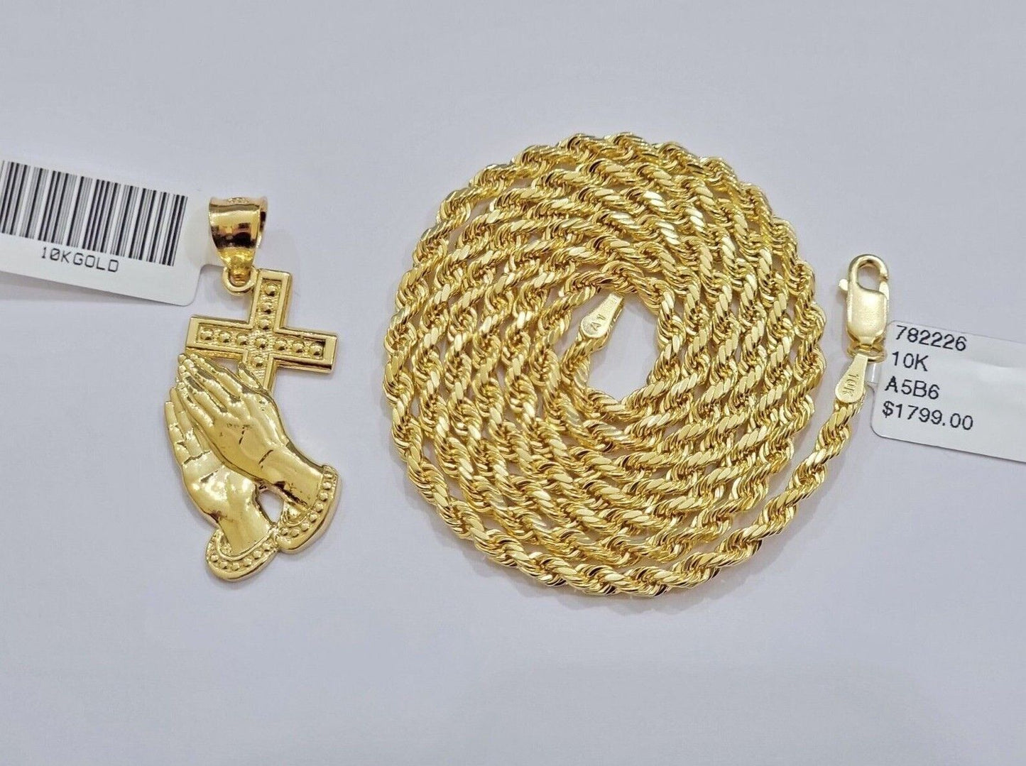 10k Gold Rope Chain Praying Hand Charm Pendant Set 18 - 28''Inch 3mm Necklace REAL - Reva Jeweler