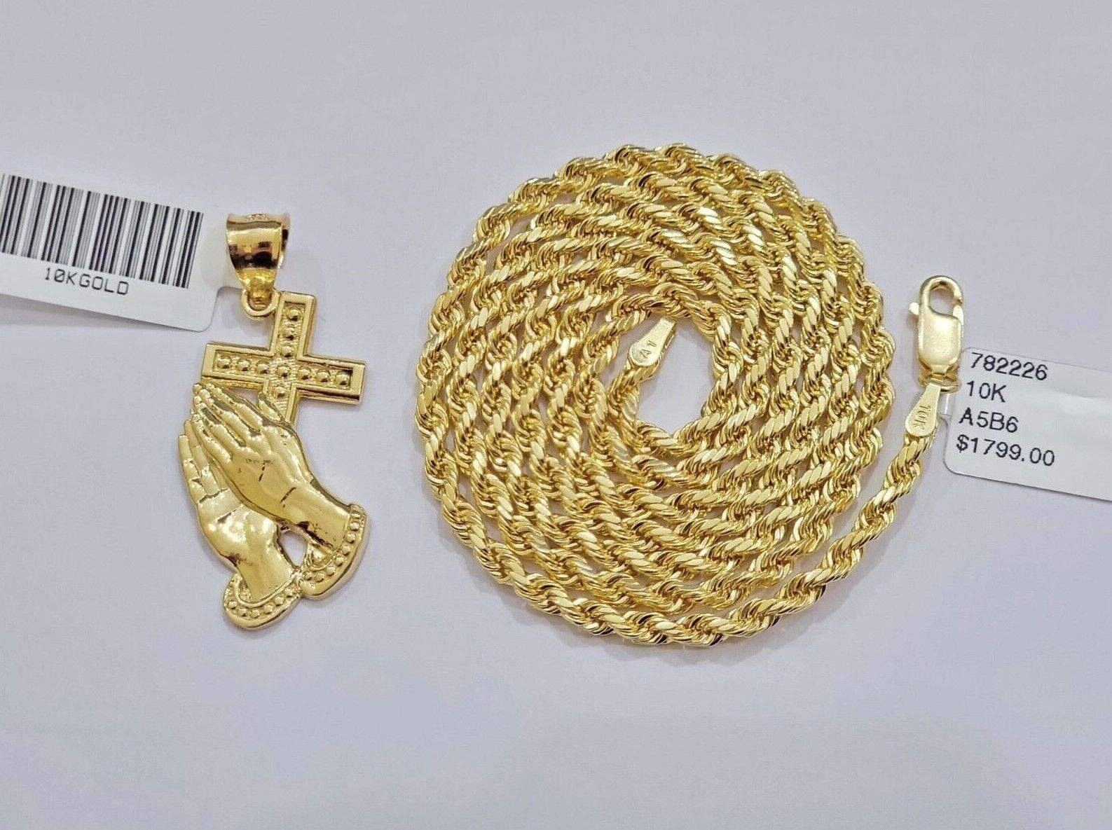 10k Gold Rope Chain Praying Hand Charm Pendant Set 18 - 28''Inch 3mm Necklace REAL - Reva Jeweler