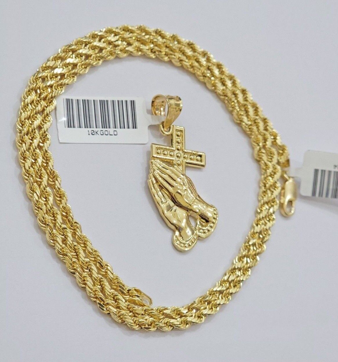 10k Gold Rope Chain Praying Hand Charm Pendant Set 18 - 28''Inch 3mm Necklace REAL - Reva Jeweler
