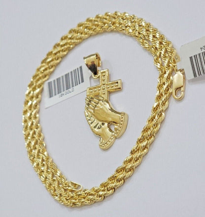 10k Gold Rope Chain Praying Hand Charm Pendant Set 18 - 28''Inch 3mm Necklace REAL - Reva Jeweler