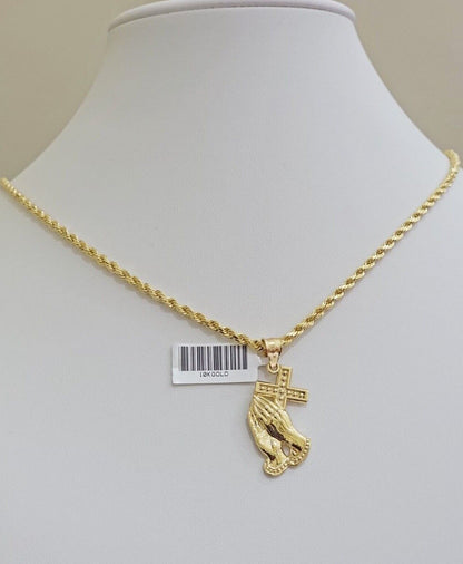 10k Gold Rope Chain Praying Hand Charm Pendant Set 18 - 28''Inch 3mm Necklace REAL - Reva Jeweler
