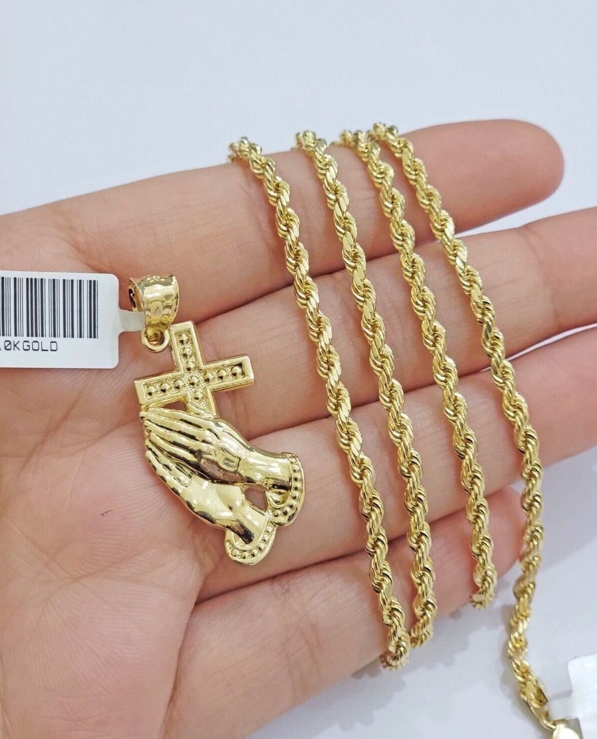 10k Gold Rope Chain Praying Hand Charm Pendant Set 18 - 28''Inch 3mm Necklace REAL - Reva Jeweler