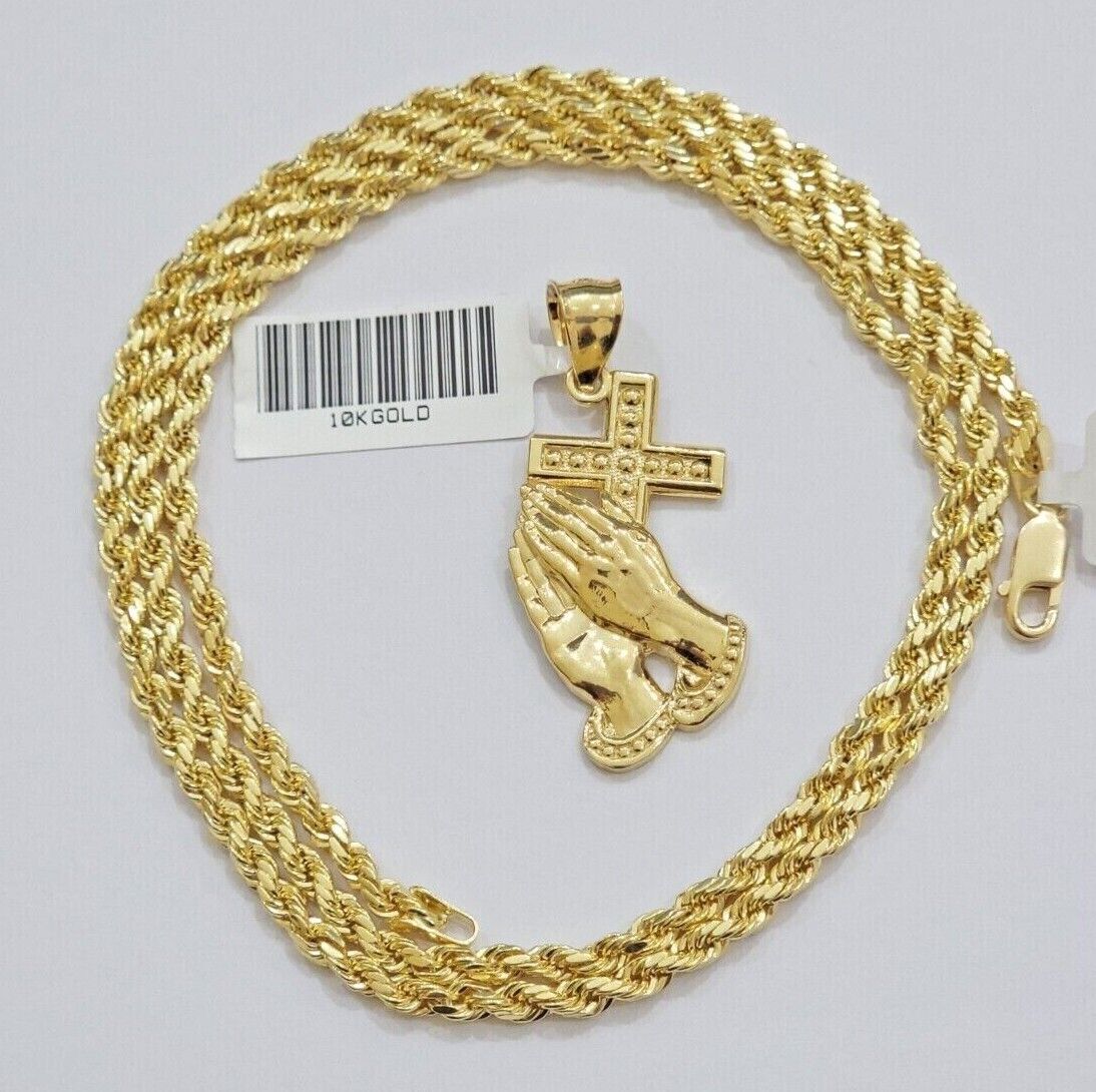10k Gold Rope Chain Praying Hand Charm Pendant Set 22'' Inches 3mm Necklace REAL - Reva Jeweler