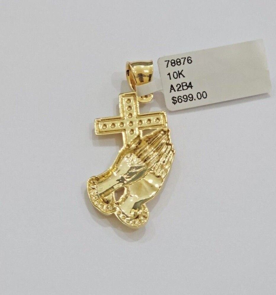 10k Gold Rope Chain Praying Hand Charm Pendant Set 22'' Inches 3mm Necklace REAL - Reva Jeweler