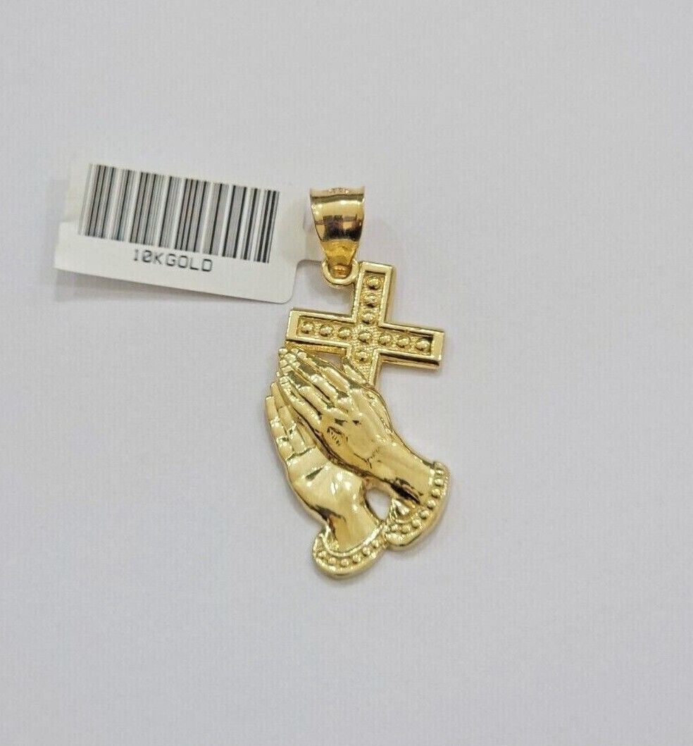 10k Gold Rope Chain Praying Hand Charm Pendant Set 22'' Inches 3mm Necklace REAL - Reva Jeweler