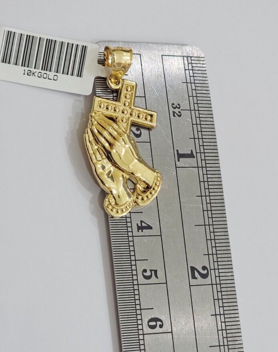 10k Gold Rope Chain Praying Hand Charm Pendant Set 22'' Inches 3mm Necklace REAL - Reva Jeweler