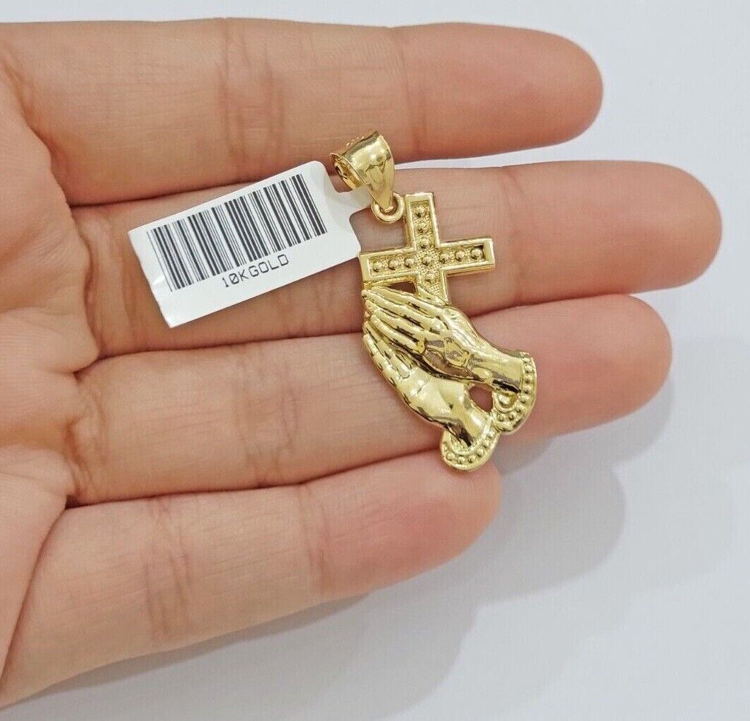 10k Gold Rope Chain Praying Hand Charm Pendant Set 22'' Inches 3mm Necklace REAL - Reva Jeweler