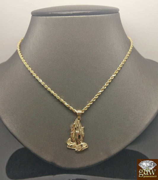 10k Gold Rope Necklace 20" 2mm Chain Praying Hand Charm Pendant Men Women - Reva Jeweler